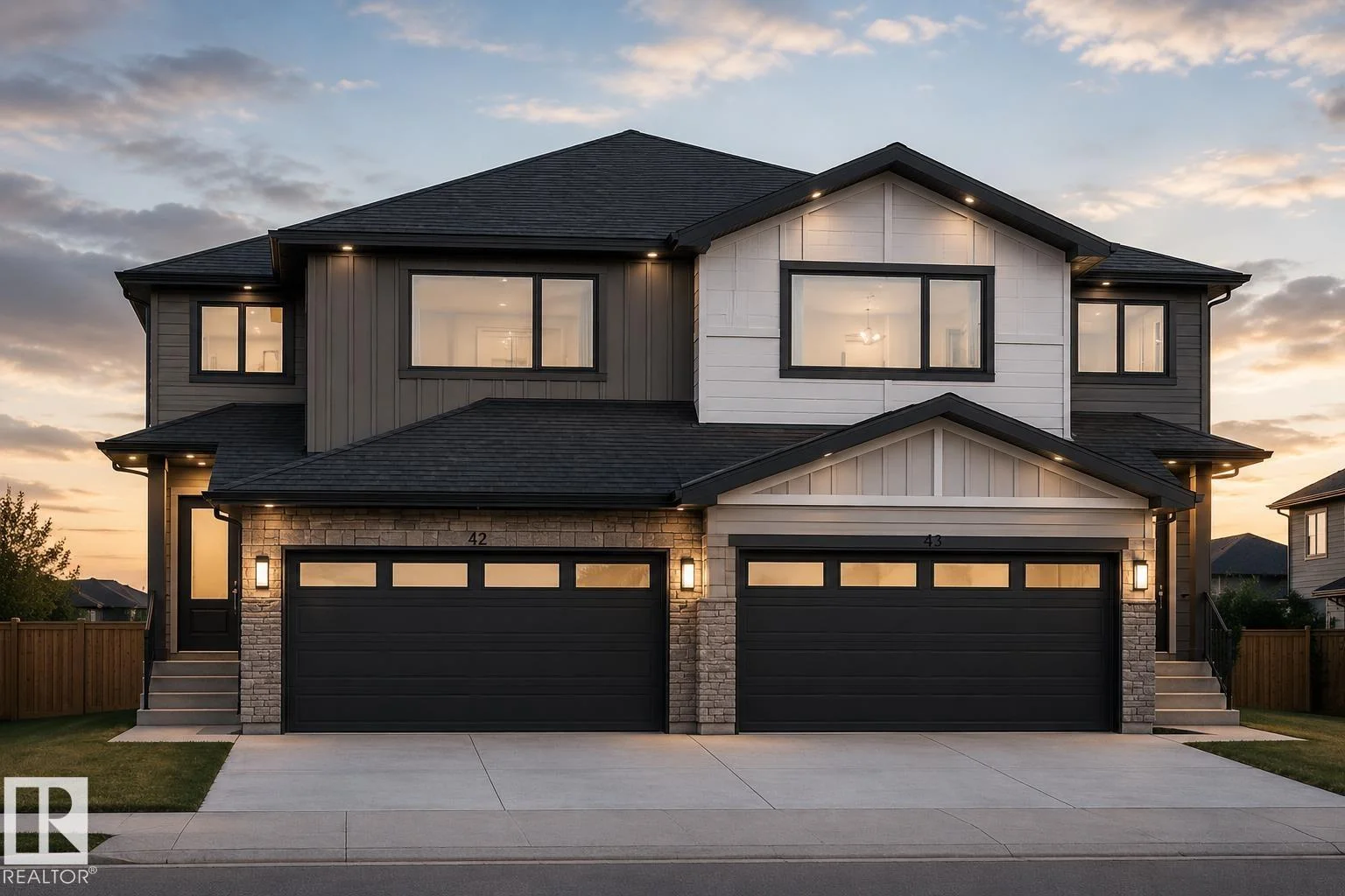 New Valley Homes duplex exterior at dusk
